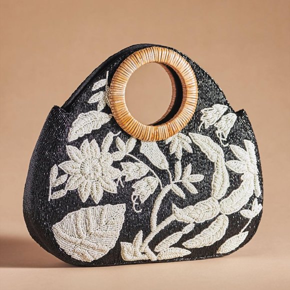 Anthropologie Handbags - Anthropologie Glass Beaded Raffia-Handle Satchel in Black & White NWT